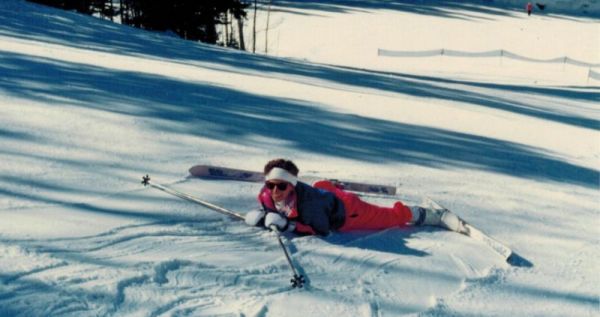 Karin sliding down the ski hill in need of some skill development
